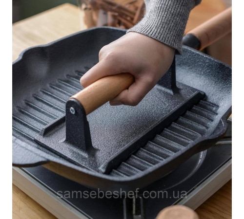 Чавунний прес для гриля прямокутний з дерев'яним руків'ям Cast Iron Press Grill BBQ