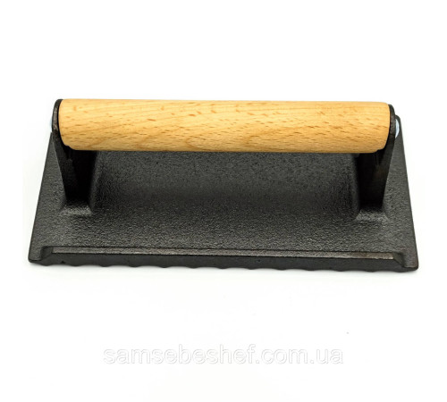 Чавунний прес для гриля прямокутний з дерев'яним руків'ям Cast Iron Press Grill BBQ